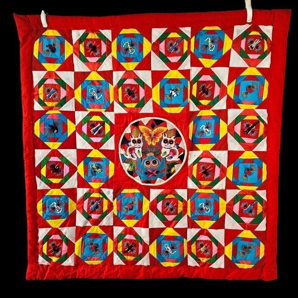 Tibetan Patchwork Baby Quilt Handmade 3-Dimensional 100% Cotton Red Multi NEW - Picture 1 of 11